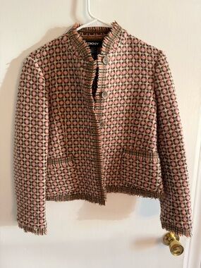 DKNY Pink Multi-Check Tweed Fringe Jacket